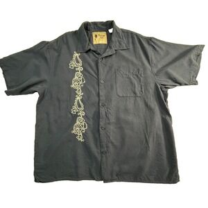 Vintage Silk Mens XXL Shirt Button Front Silk Blue Embroidered Detail Front